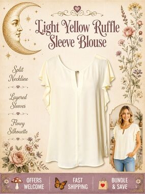 Counterparts Light Yellow Blouse Ruffle Sleeves Split Neck Flowy Fit New